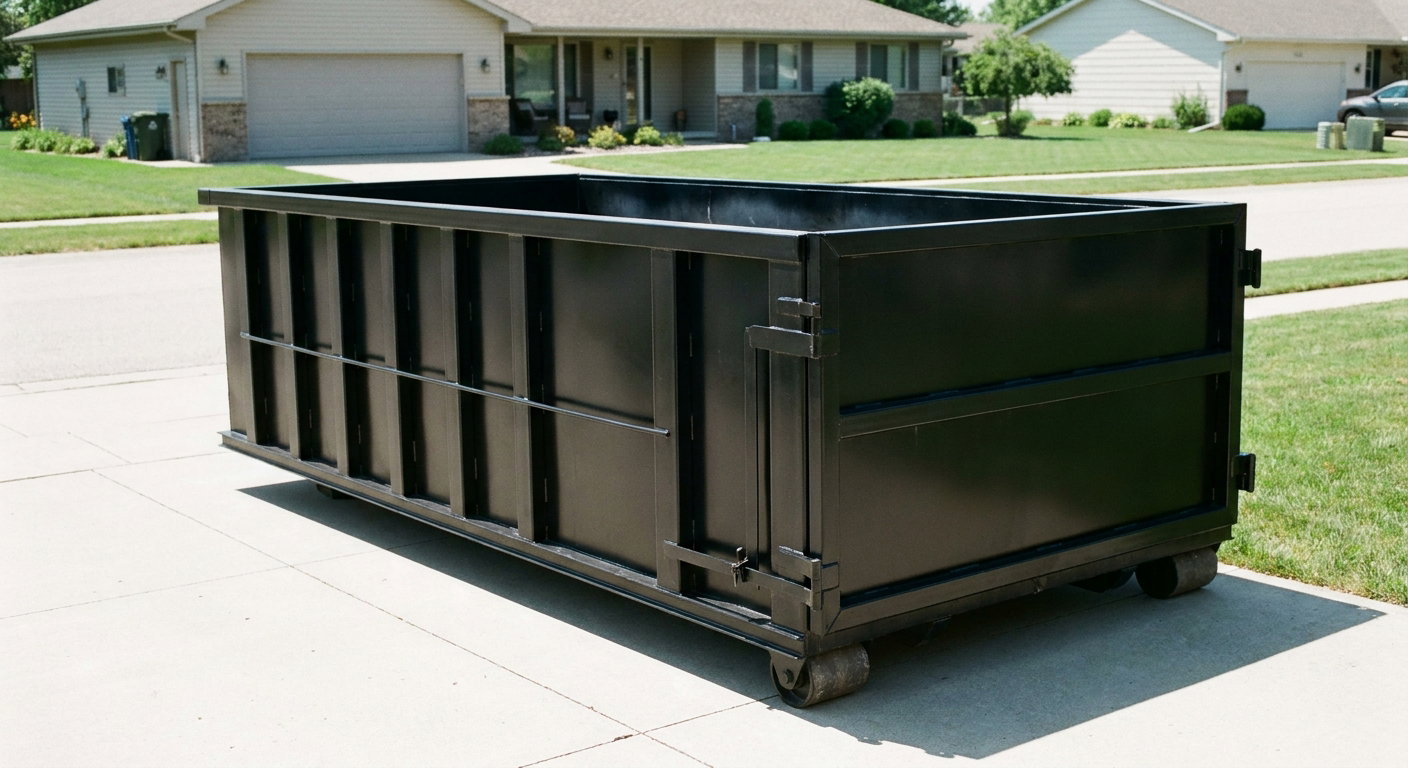 Matte-black 10-yard roll-off dumpster on a residential concrete driveway in Helena, uniformly painted matte black across every panel and rail, ribbed steel sidewalls and rear swing door visible, mid-day daylight.
