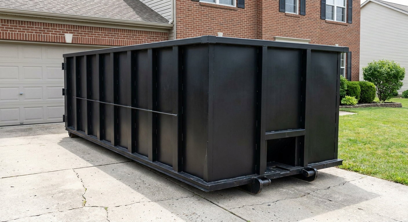 Matte-black 20-yard roll-off container on a Helena residential concrete driveway with reinforced ribbed steel sidewalls and a hinged rear walk-in door, clean bright daylight.