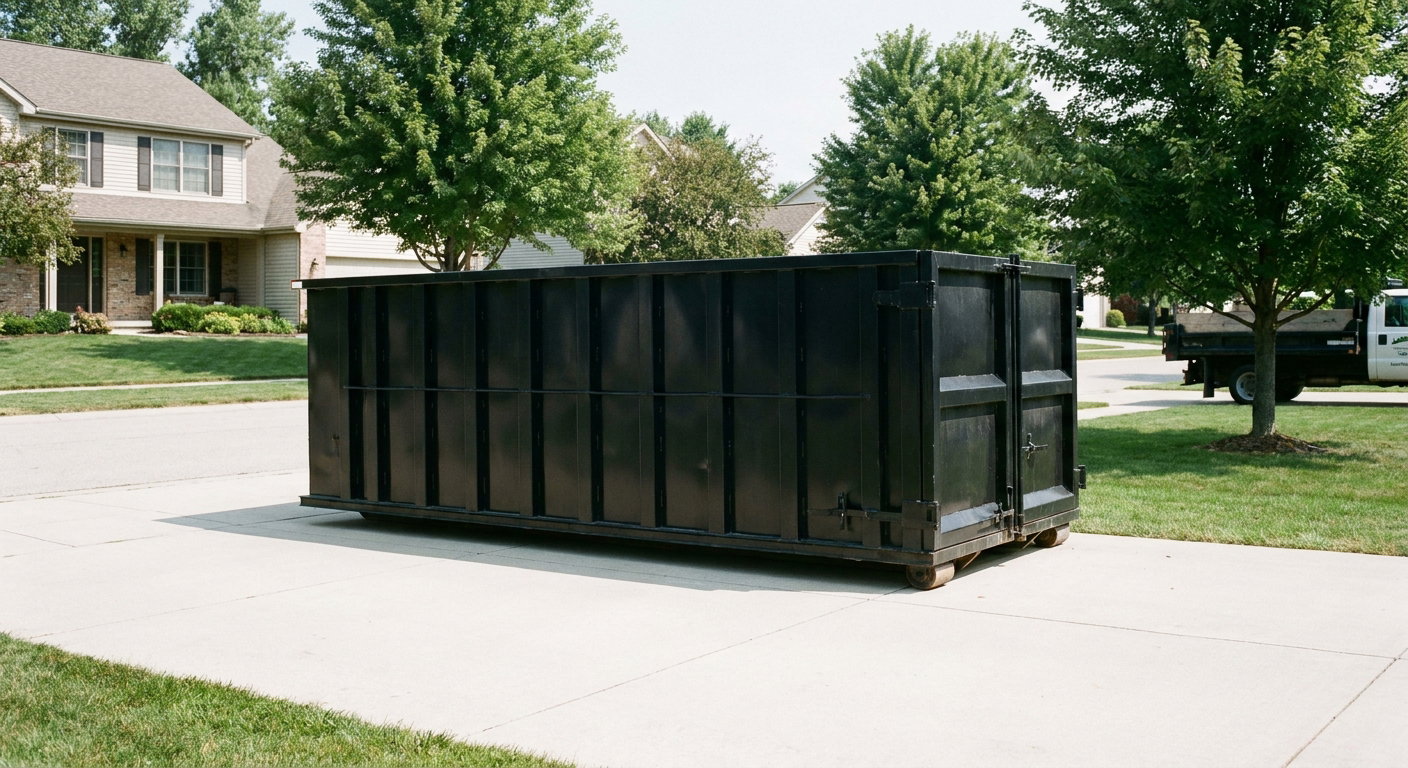 Matte-black 20-yard roll-off dumpster sitting level on a clean Helena residential concrete driveway under bright daylight, demonstrating clean placement directly on the concrete.