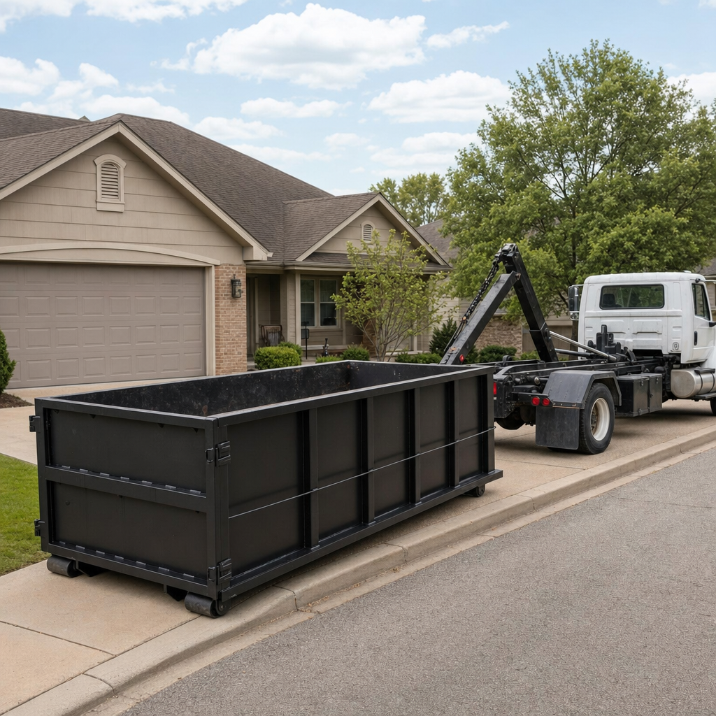 Wide documentary shot of a matte-black roll-off dumpster on a Helena residential driveway in the foreground and a contractor jobsite container in the soft-focus background, bright daylight, calm and orderly composition.