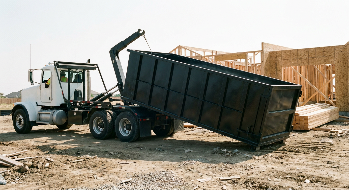 Matte-black roll-off dumpster being delivered onto a clean residential concrete driveway in Helena by an unmarked white hooklift hauler truck, bright morning daylight, documentary 35mm perspective.